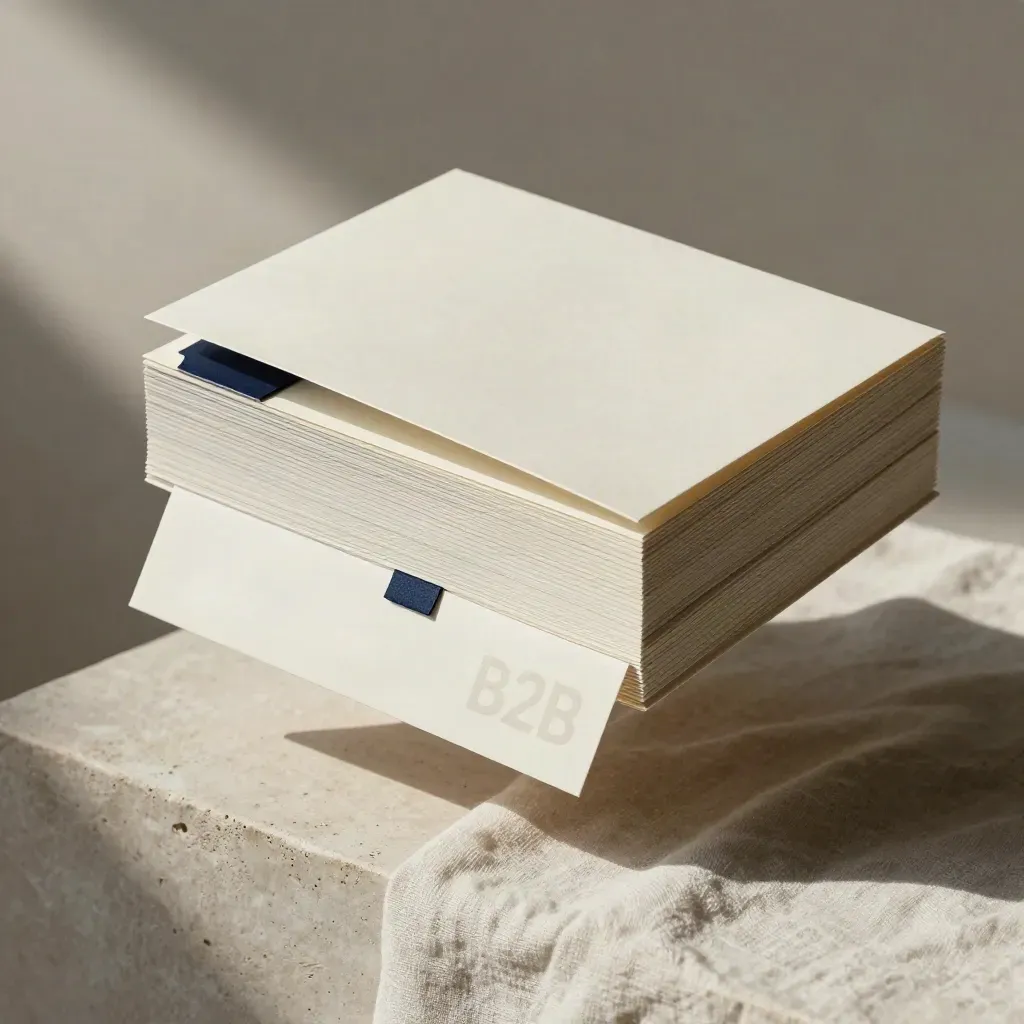 Dossier white paper B2B su lino chiaro, con tab laterali, allegato piegato e scheda fissata.