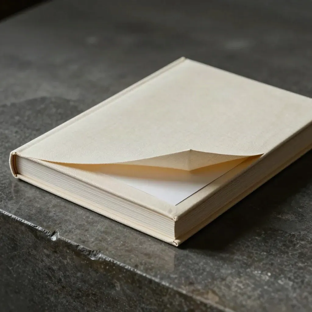 Dossier stampa in lino avorio semiaperto su pietra bagnata, luce drammatica.