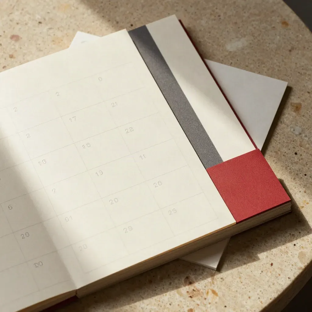 Griglia di 30 card editoriali su travertino, con una card rosso opaco che scivola in posizione.