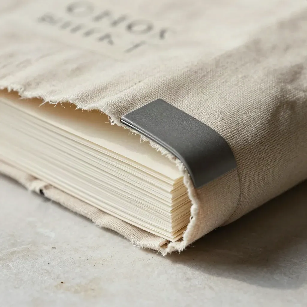 Macro di un bundle ghostwriting in lino con clip grafite su intonaco chiaro.