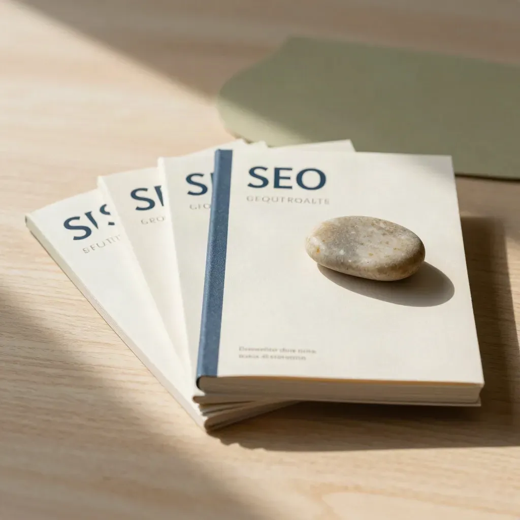 Quattro card SEO sventagliate su legno chiaro con luce morbida e un piccolo sasso