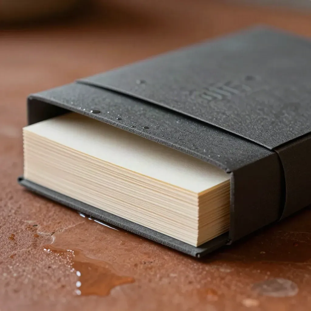Base press kit con busta rigida e card stratificate su pietra bagnata, luce drammatica.