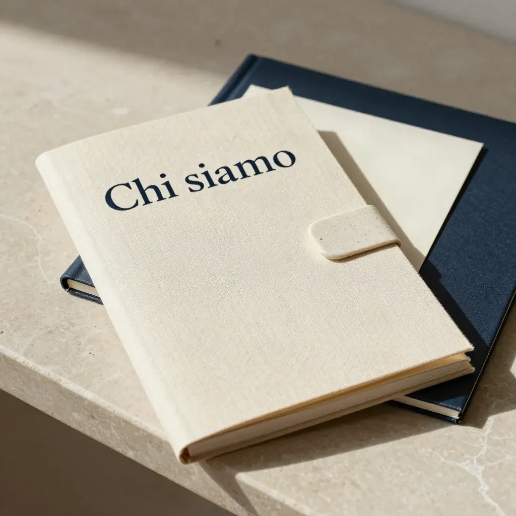 Booklet in lino con inserto piegato e fermacarte in pietra su fondo chiaro, luce laterale.