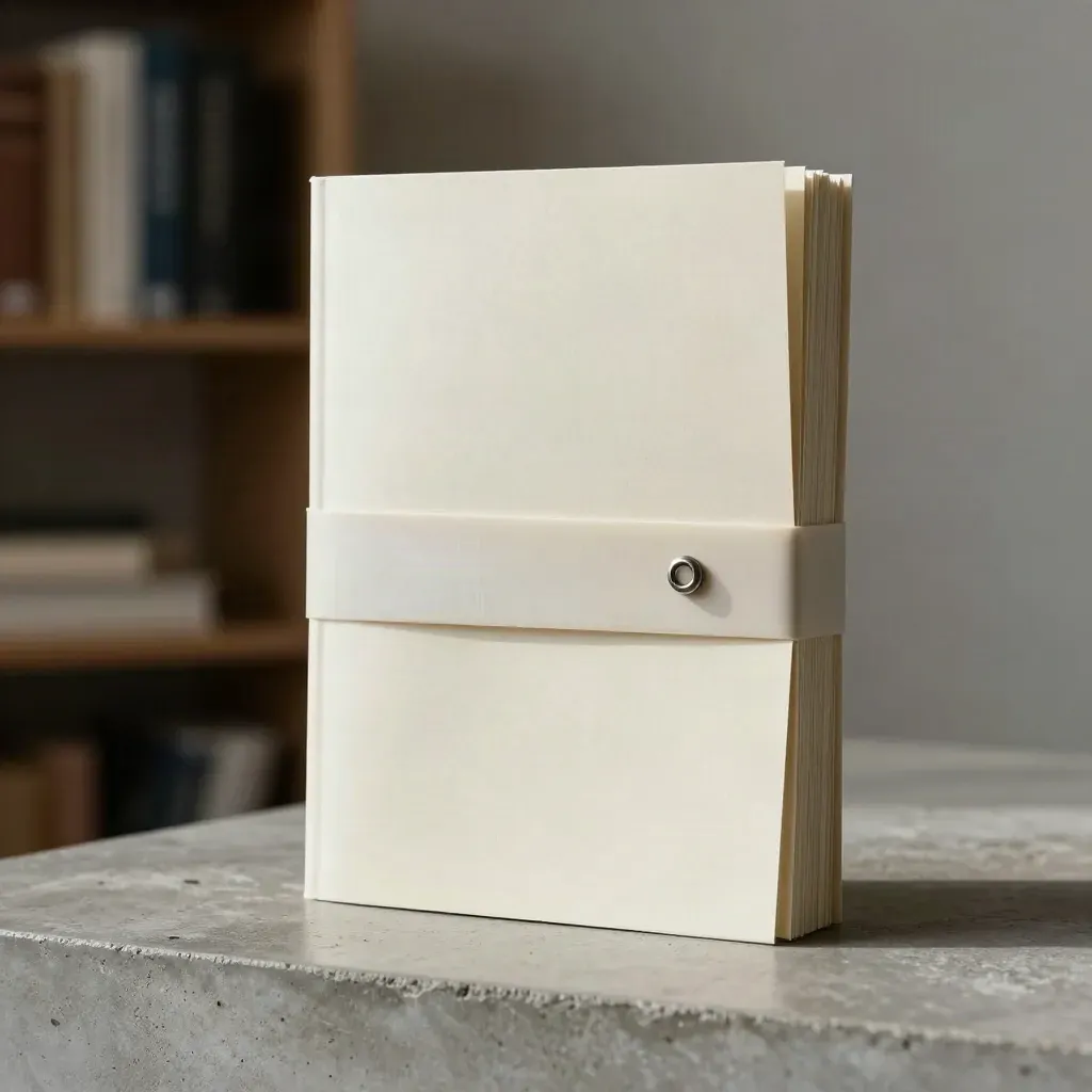 Dossier case study clienti in carta avorio su basamento in cemento, stile editoriale premium