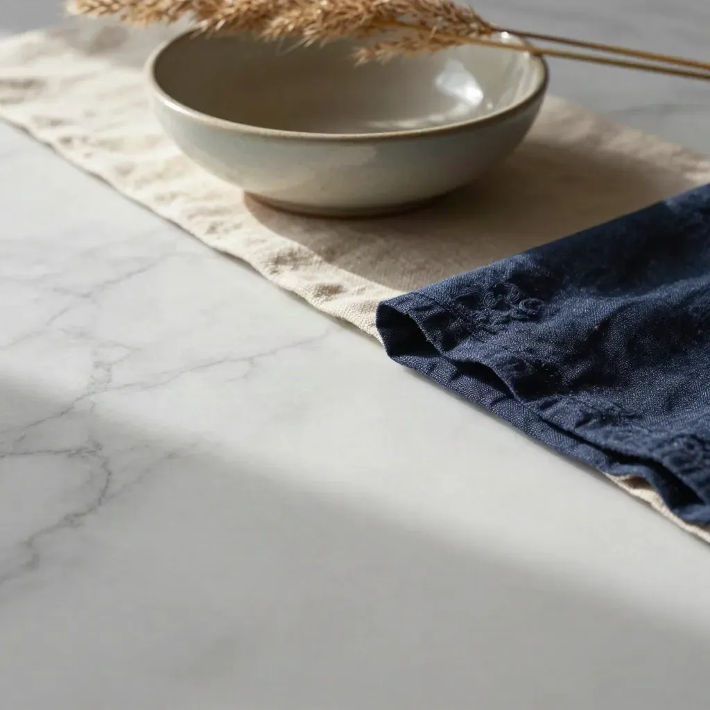Superficie di marmo chiaro con runner in lino, ciotola ceramica e steli sfocati in alto
