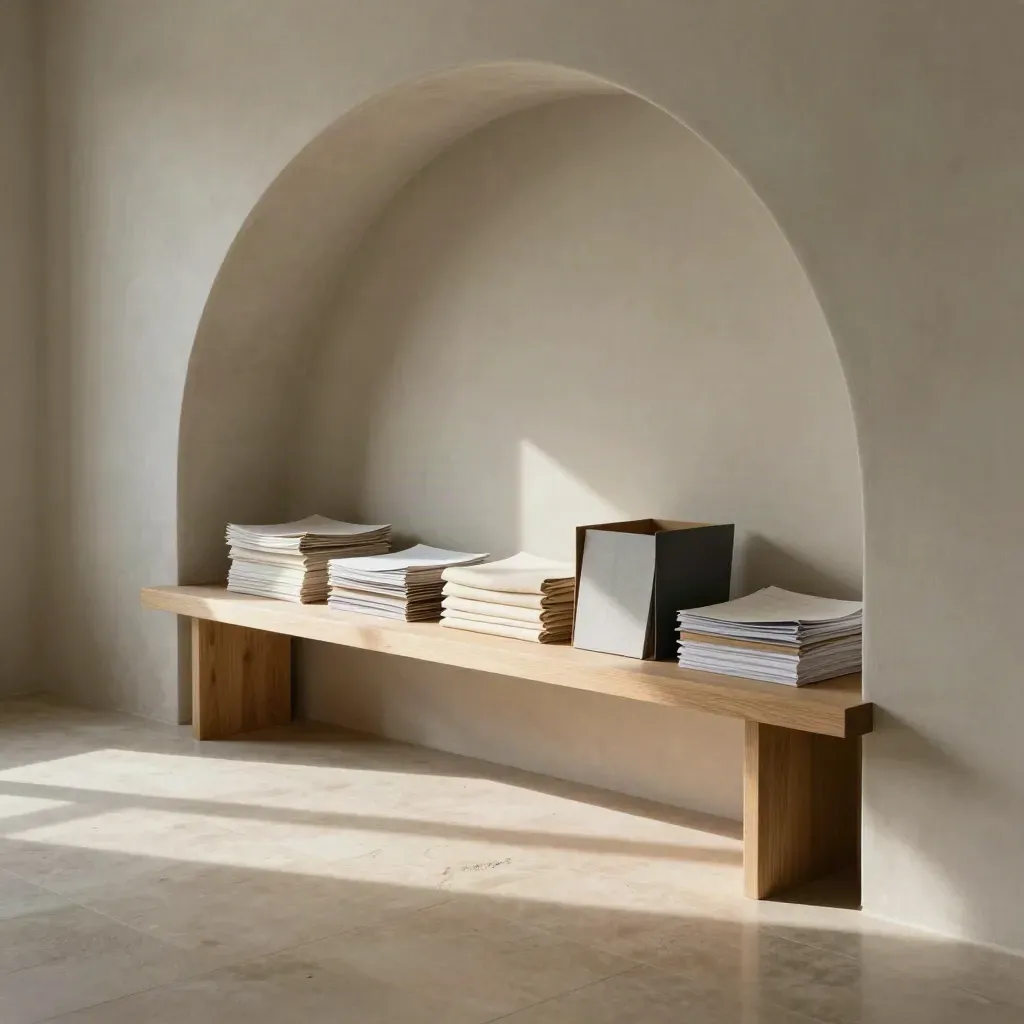 Interno in intonaco con arco, panca lunga e fascicoli editoriali in luce radente.
